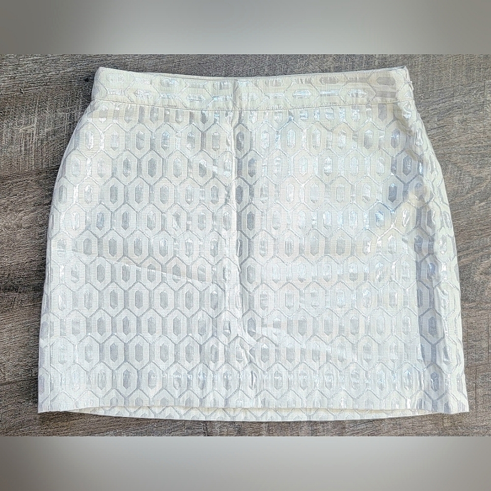 Banana Republic Jacquard Mini Pencil Skirt Women's 12P Cream & Silver Geometric